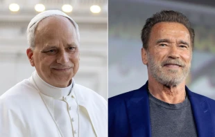 El Papa León XIV y el exgobernador de California, Arnold Schwarzenegger. Crédito: Daniel Ibáñez / EWTN News y Gage Skidmore (CC BY-SA 3.0).