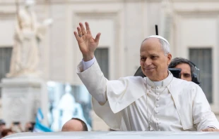 El Papa León XIV saluda a los fieles presentes en la Plaza de San Pedro este miércoles. Crédito: Daniel Ibaéz/ EWTN News