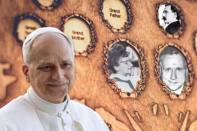 Papa León XIV junto a fotos de su abuelo, madre y padre