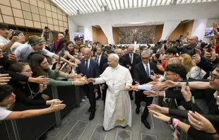 El Papa León XIV saluda a los fieles en el Aula Pablo VI en el Vaticano. Crédito: Simone Risoluti / Vatican Media
