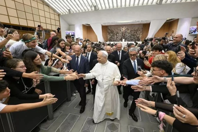 El Papa León XIV saluda a los fieles en el Aula Pablo VI en el Vaticano.