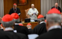 El Papa León XIV se dirige a los cardenales durante el consistorio extraordinario el 7 de enero de 2026 en la Ciudad del Vaticano.
