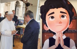 El Papa León XIV firma una copia de la película animada Carlo Acutis, el Influencer de Dios, tras la audiencia general del miércoles 10 de septiembre en el Vaticano / Una imagen de la cinta animada. Crédito: CCC of America.