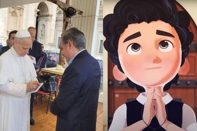 El Papa León XIV firma una copia de la película animada Carlo Acutis, el Influencer de Dios.