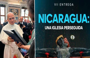 El Papa León XIV recibe la última edición del informe Nicaragua una Iglesia perseguida, de Martha Patricia Molina. Crédito 1: Cortesía Muriel Saenz. Crédito 2: Portada informe sobre Nicaragua.