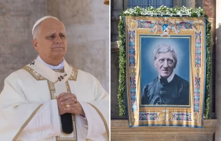 El Papa León XIV y una imagen de San John Henry Newman este sábado 1 de noviembre, en la Misa en la que el famoso converso del anglicanismo fue declarado Doctor de la Iglesia en el Vaticano. Crédito: Daniel Ibáñez / EWTN