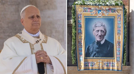 El Papa León XIV y una imagen de San John Henry Newman este sábado 1 de noviembre, en la Misa en la que el famoso converso del anglicanismo fue declarado Doctor de la Iglesia en el Vaticano.