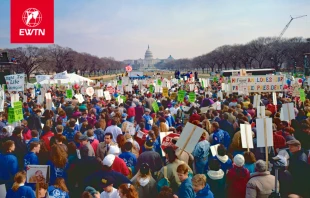 Miles de manifestantes se reúnen en el National Mall antes del inicio de la March for Life de 1992 hacia la Corte Suprema de Estados Unidos. Crédito: Mark Reinstein - Shutterstock / EWTN