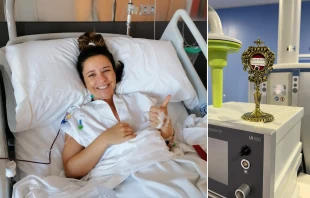 María Dolores Rosique, Lola para sus amigos, recibiendo atención hospitalaria en Madrid. Junto a ella una reliquia de segundo grado del Beato Carlo Acutis. Crédito: Cortesía de Lola Rosique