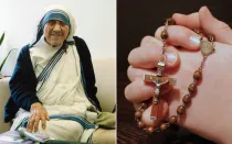 Madre Teresa de Calcuta durante su visita a la sede de Naciones Unidas en Nueva York en 1995. / Mano sosteniendo un rosario.