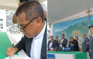 El P. José Magdaleno Álvarez, rector del Santuario del Niño Jesús de Isnotú, en la presentación de su libro. Crédito: Cortesía del P. José Magdaleno Álvarez.