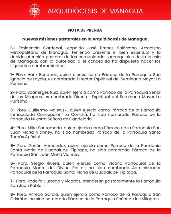 Comunicado de la Arquidiócesis de Managua del 1 de febrero de 2026. Crédito: Arquidiócesis de Managua.