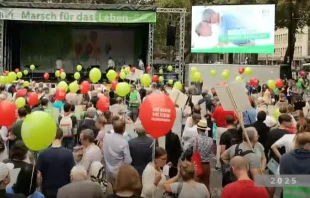 Miles de participantes se reunieron en la Marcha por la Vida 2025 en Colonia con globos rojos y verdes como símbolo de la protección de la vida en Colonia y Berlín el 20 de septiembre de 2025. Crédito: EWTN Alemania