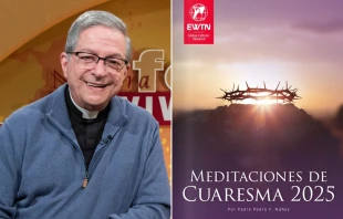 P. Pedro Núñez y portada de del eBook Meditaciones de Cuaresma 2025. Crédito: EWTN