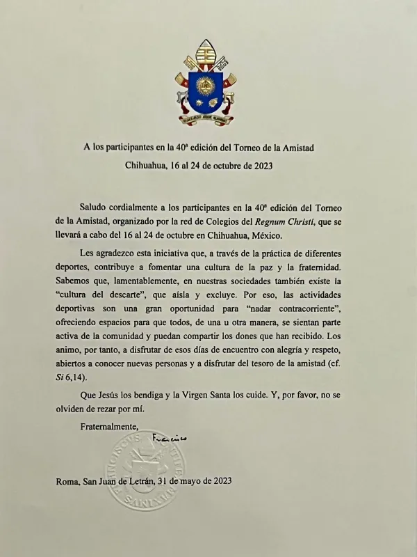 Carta del Papa Francisco por el Torneo de la Amistad. Crédito: Regnum Christi.