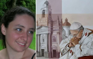 La pintora argentina Mercedes Fariña y uno de sus cuadros del Papa Francisco. Crédito: Cortesía Mercedes Fariña.