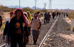 Un grupo de migrantes caminan junto a las vías férreas para llegar a la frontera México-Estados Unidos. Crédito: Shutterstock.
