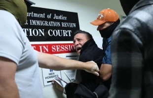 Un colombiano solicitante de asilo es detenido por agentes federales durante su audiencia en el tribunal de inmigración del Edificio Federal Jacob K. Javits el 27 de octubre de 2025 en Nueva York. Crédito: Michael M. Santiago/Getty Images