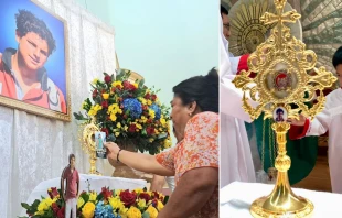 Reliquia del Beato Carlo Acutis que fue entronizada en la parroquia de Santa Magdalena, en el pueblo de Ciudad Eten, en la diócesis norteña de Chiclayo, Perú. Crédito: Cortesía del grupo Milagro Eucarístico Perú - 1649
