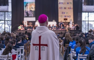 Mons. Caride junto a los niños de los diferentes colegios Crédito: Obispado de San Isidro