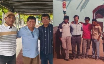 De izquierda a derecha de la primera foto: Fernando García, Héctor Camacho y Martín Feijoo, los monaguillos del Papa León XIV. Foto de la derecha: El Padre Roberto junto a Héctor y Fernando.