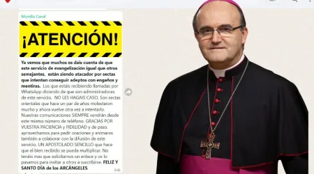 Mensaje de alerta en los grupos de difusión en WhatsApp de Mons. José Ignacio Munilla.