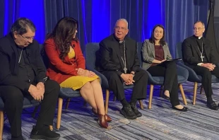 Los organizadores del diálogo digital del Papa León XIV con jóvenes, el 21 de noviembre, durante la Conferencia Nacional Católica de Jóvenes en Indianápolis (Estados Unidos), hablan con los medios de comunicación en la sede de la Asamblea Plenaria de Otoño de la Conferencia de Obispos Católicos de Estados Unidos, en Baltimore, el 12 de noviembre de 2025. De izquierda a derecha: el Cardenal Christophe Pierre, Nuncio Apostólico en Estados Unidos; Montse Alvarado, presidenta y directora de operaciones de EWTN News; el arzobispo Nelson J. Pérez, de la Arquidiócesis de Filadelfia; Christina Lamas, directora ejecutiva de la Federación Nacional para el Ministerio Católico con Jóvenes; y el arzobispo Charles Thompson, de la Arquidiócesis de Indianápolis. Crédito: Shannon Mullen/National Catholic Register.