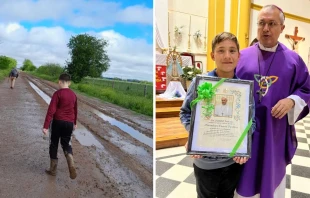 Maximiliano caminando en el barro para llegar a la parroquia/El niño recibiendo el reconocimiento del Papa Francisco Crédito: Cortesía familia Pavillaux