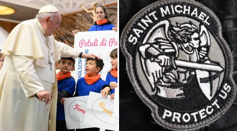 El Papa Francisco saluda a niu00f1os en la Audiencia General. Cru00e9dito: Vatican Media / Insignia u201cSan Miguel protu00e9genosu201d. Cru00e9dito: David Ramos - ACI Prensa?w=200&h=150