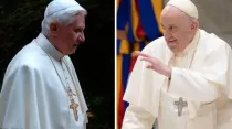 Benedicto XVI. Crédito: Vatican Media | El Papa Francisco saluda a los fieles en la Audiencia General. Crédito: Daniel Ibáñez/ACI Prensa