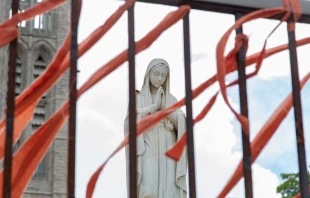 Cintas de color naranja, en memoria de los niños indígenas de las escuelas residenciales, colocadas en 2021 en la Basílica de Guelph en Ontario, Canadá. Crédito: Daria Perevezentsev / Shutterstock