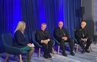 Maura Moser (izquierda), directora de la Campaña de Comunicaciones Católicas, modera un debate sobre inmigración con varios obispos de Estados Unidos en noviembre de 2025 en Baltimore. Crédito: Shannon Mullen / National Catholic Register