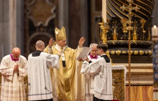 El Papa León XIV presidió la Santa Misa con ordenaciones presbiterales este sábado 31 de mayo en la Basílica de San Pedro. Crédito: Daniel Ibáñez - EWTN News