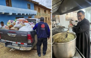 Una camioneta de Cáritas del Perú lleva ayuda a los más necesitados. / El Padre Omar Sánchez revuelve una olla con comida para los pobres a los que sirve. Crédito: Cáritas del Perú / Asociación de las Bienaventuranzas.
