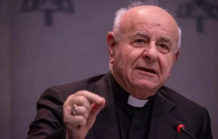 El arzobispo Vincenzo Paglia habla en una conferencia de prensa para la cumbre sobre longevidad del Vaticano, el 24 de marzo de 2025, en el Vaticano. Daniel Ibañez/EWTN News.