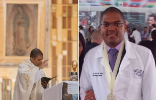 El P. Josamir Ulises Barrera Martínez el día de su ordenación en la Basílica de Guadalupe y el día de su graduación de medicina Crédito: María Langarica / Cortesía
