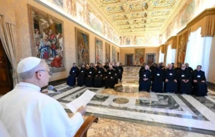 León XIV en audiencia con los participantes del Capítulo General de la Congregación Vallombrosa de la Orden de San Benito. Crédito: Vatican Media.