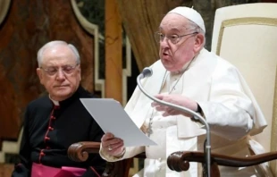 El Papa Francisco se dirige a los comunicadores de la Iglesia Católica. Crédito: Vatican Media.