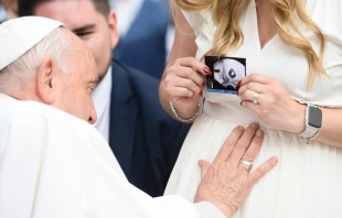 Imagen referencial del Papa Francisco bendiciendo el bebé de una mujer embarazada Crédito: Vatican Media