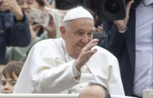 El Papa Francisco saluda a los fieles en la Plaza de San Pedro. Crédito: Daniel Ibáñez / ACI Prensa