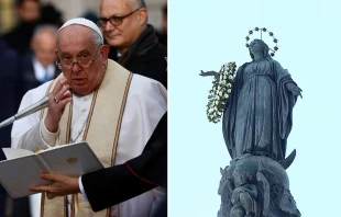 El Papa Francisco en la Plaza España en el homenaje a la Inmaculada. Créditos: Daniel Ibáñez - EWTN News / Vatican News.