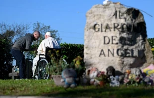 El Papa Francisco se encuentra con Stefano, padre de uno de los niños enterrados en el Jardín de los Ángeles, en el Cementerio Laurentino de Roma (Italia), este 2 de noviembre, Crédito: Vatican Media.