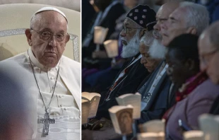 El Papa Francisco y algunos participantes de la oración ecuménica del Sínodo de la Sinodalidad. Crédito: Daniel Ibáñez / EWTN News