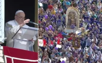 El Papa Francisco saluda a los devotos del Señor de los Milagros, tras el rezo del Ángelus este 22 de octubre de 2023.