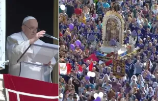 El Papa Francisco saluda a los devotos del Señor de los Milagros, tras el rezo del Ángelus este 22 de octubre de 2023. Crédito: Captura de video / Vatican Media.