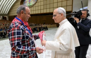 León XIV recibe un obsequio durante la audiencia de este sábado con los peregrinos gitanos. Crédito: Vatican Media.