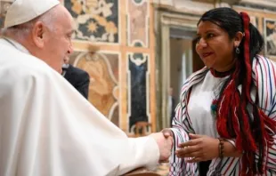 El Papa Francisco saluda a los participantes en un encuentro sobre “El conocimiento de los pueblos indígenas y las ciencias". Crédito: Vatican Media.