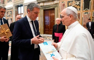 El Papa León XIV y el presidente del Consejo, Luciano Gualzetti Crédito: Vatican Media.