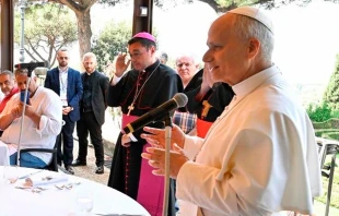 El Papa León XIV saluda a los asistentes al almuerzo en el Borgo Laudato Si', en Castel Gandolfo. Crédito: Vatican Media.