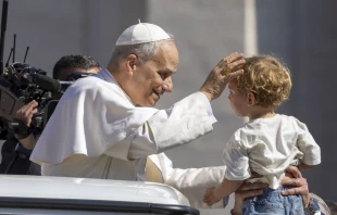 El Papa León XIV bendice a un niño en la Plaza de San Pedro el 1 de junio durante el Jubileo de las Familias. Crédito: Daniel Ibáñez / EWTN News.